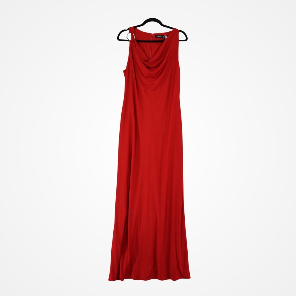 Lauren Ralph Lauren Maxi Gown Women Size 10 Red Cowl Neck Sleeveless Formal NWT